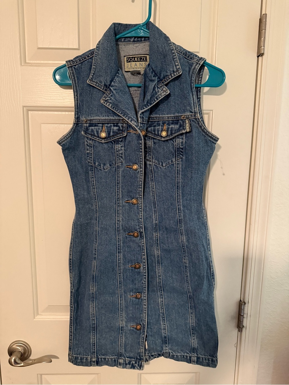 Squeeze Denim Button-Down Mini Dress in Blue